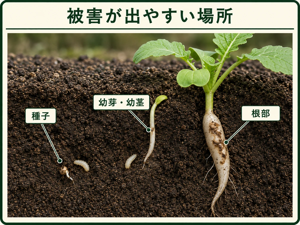 タネバエの被害が出やすい種子、幼芽・幼茎、根部を示すダイコン