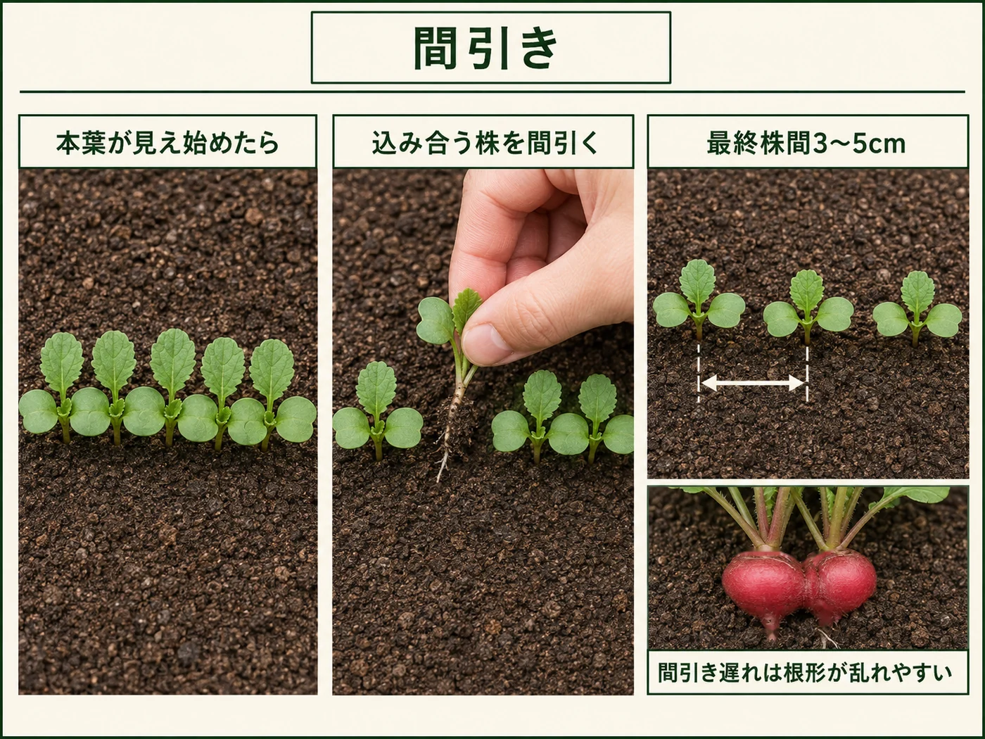 ラディッシュを本葉が見え始めたら間引き最終株間3〜5cmへ整える方法