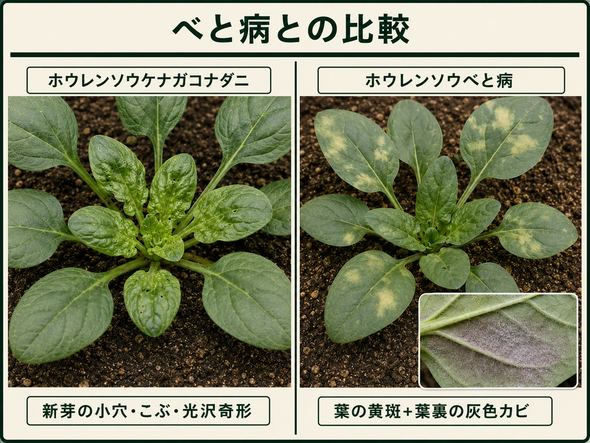 ホウレンソウケナガコナダニの新芽の小穴・こぶ・光沢奇形とホウレンソウべと病の黄斑・葉裏の灰色カビの比較