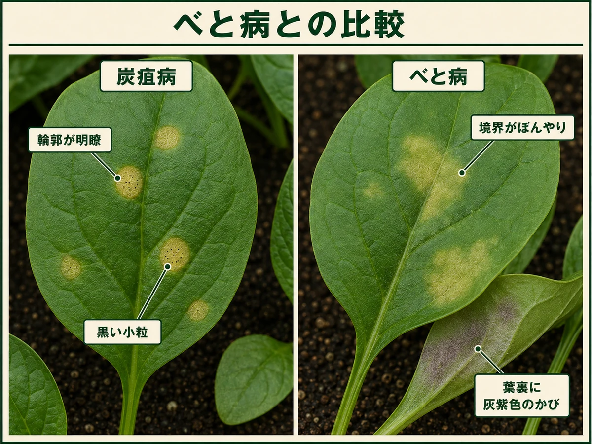 ホウレンソウ炭疽病の輪郭明瞭な病斑と黒い小粒、べと病の境界がぼんやりした病斑と葉裏の灰紫色かびを比較した図解
