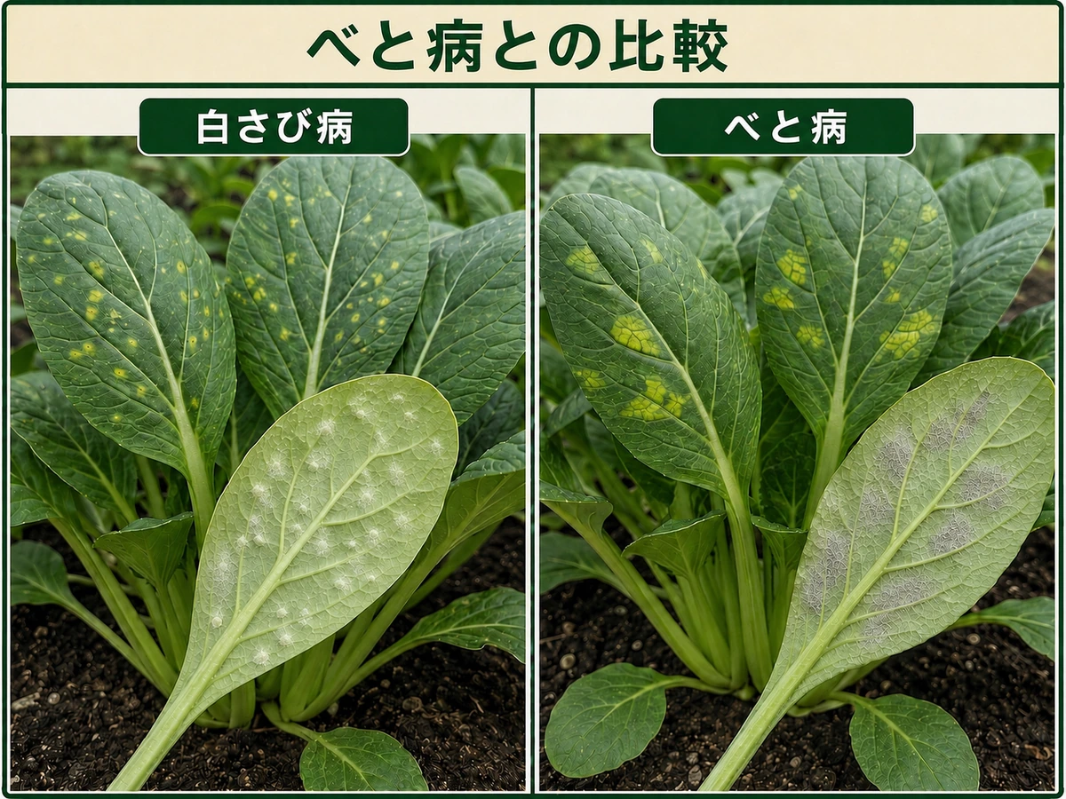 白さび病の白い盛り上がりとべと病の葉裏の薄いかびをコマツナで比較した画像