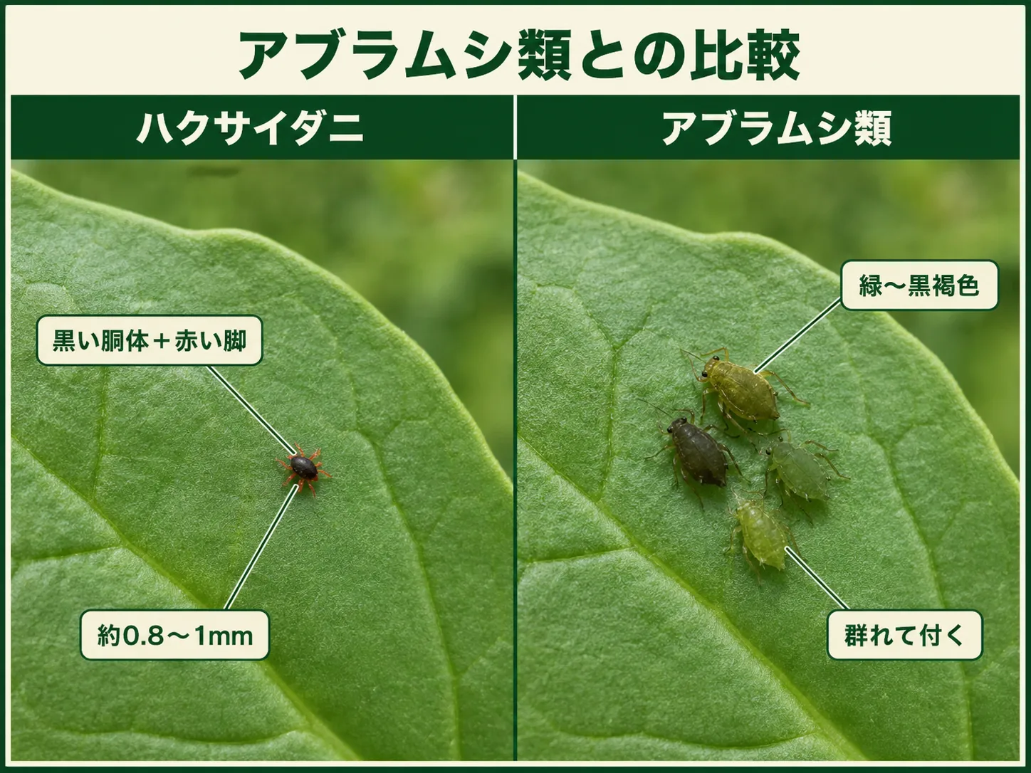 ハクサイダニの黒い胴体と赤い脚、アブラムシ類の緑〜黒褐色で群れて付く様子を比較したホウレンソウ葉