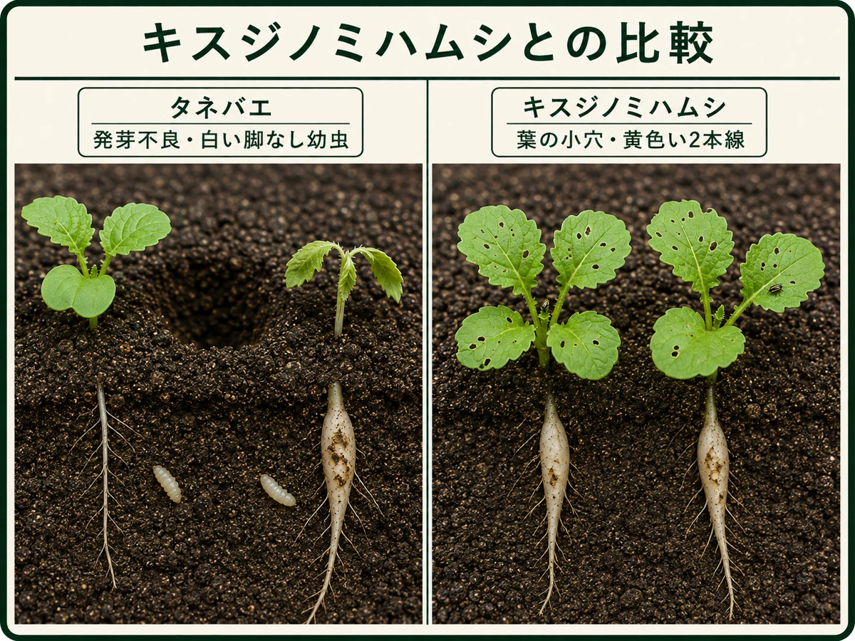 タネバエの発芽不良と白い脚なし幼虫、キスジノミハムシの葉の小穴と黄色2本線を比較したダイコン