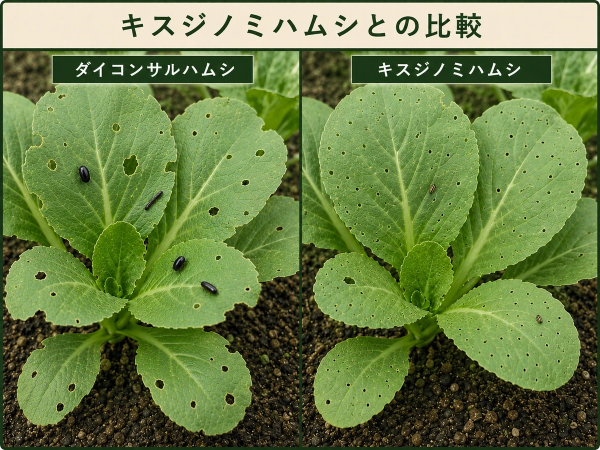 ダイコンサルハムシとキスジノミハムシの成虫の見た目と食害の違いをコマツナで比較した画像