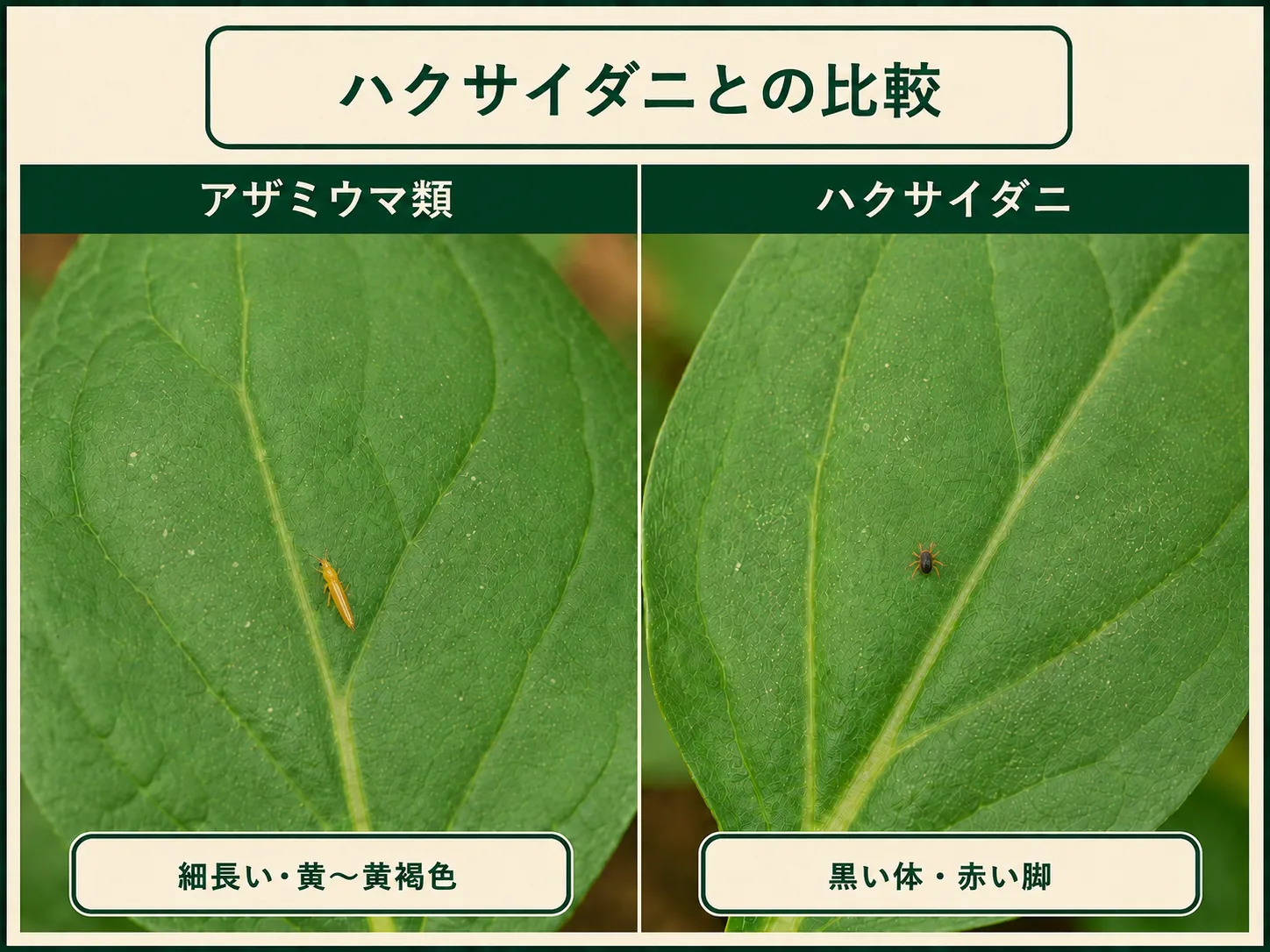 アザミウマ類の細長い黄〜黄褐色の虫体とハクサイダニの黒い体・赤い脚を比較したホウレンソウ葉