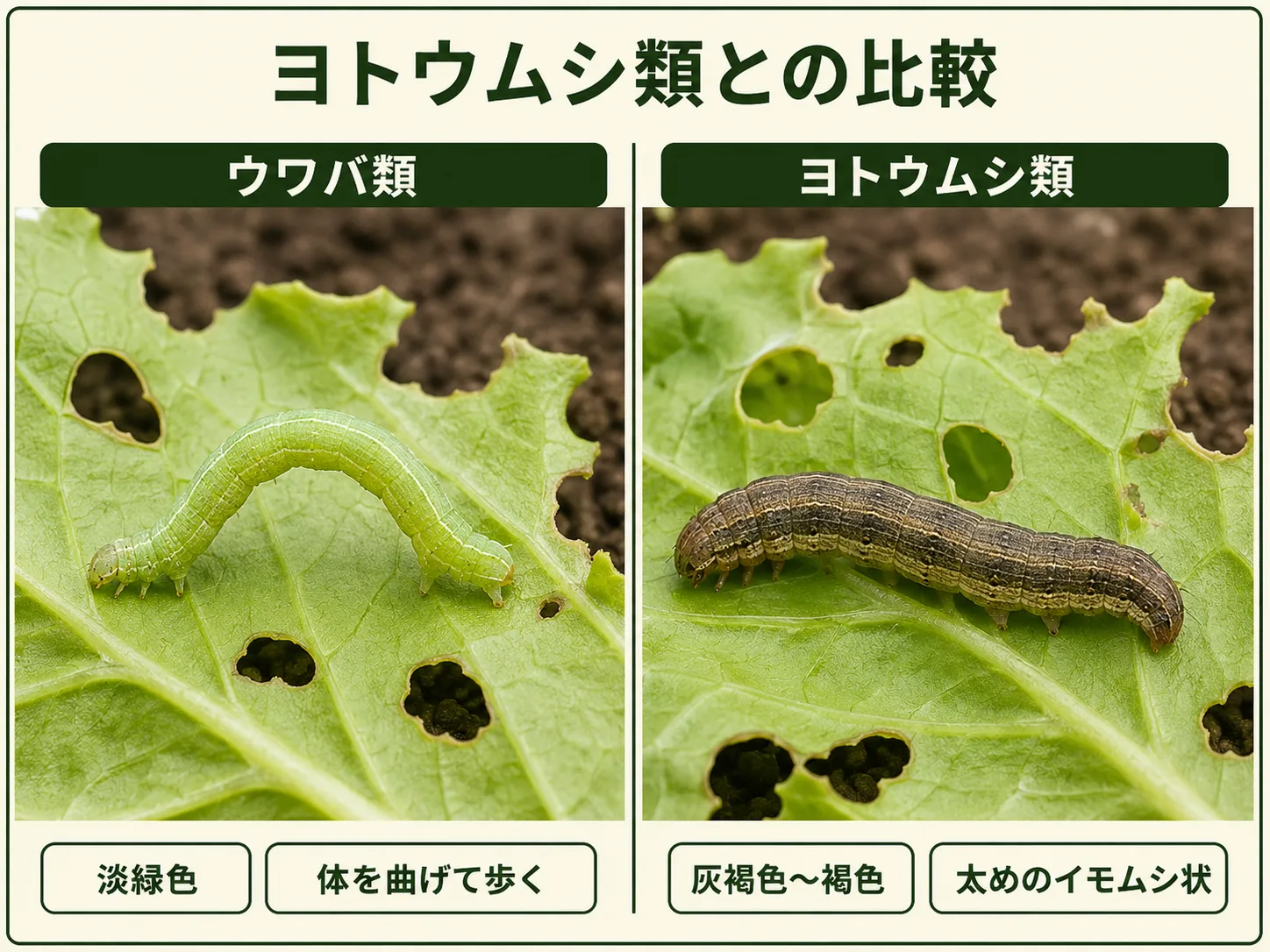 ウワバ類の淡緑色で弓なりに歩く幼虫とヨトウムシ類の太めの幼虫を比較したレタス