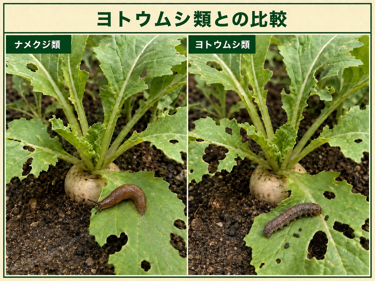 ナメクジ類とヨトウムシ類の夜間食害と残る痕跡の違いを比較したカブ