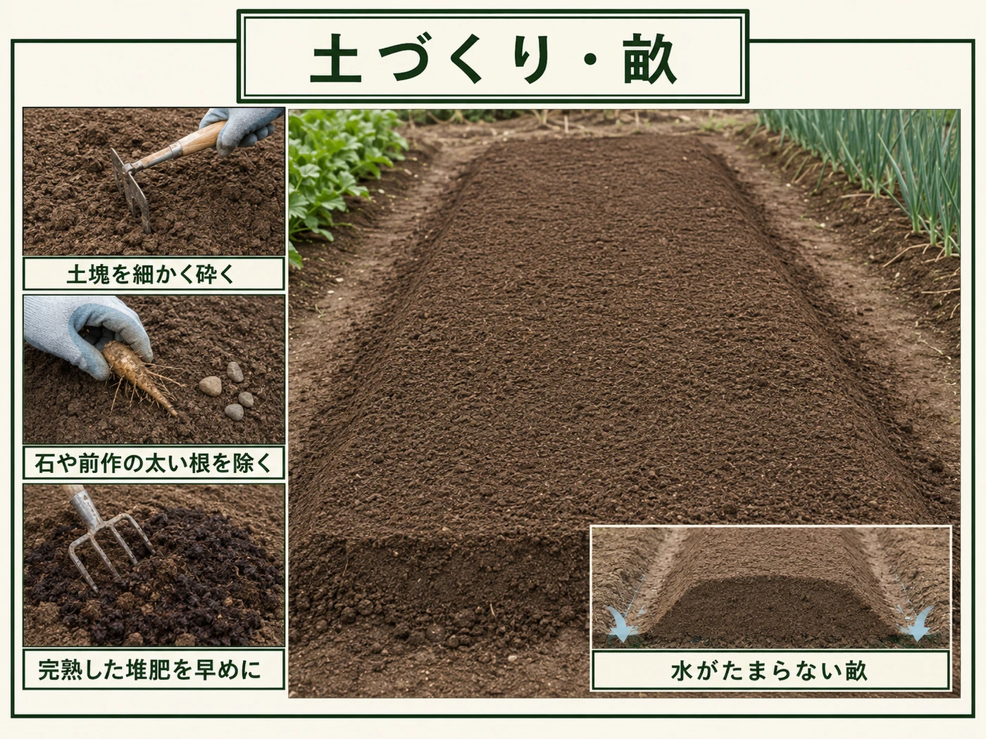 カブの根が変形しにくいよう土塊や石を除いて細かく整えた畝