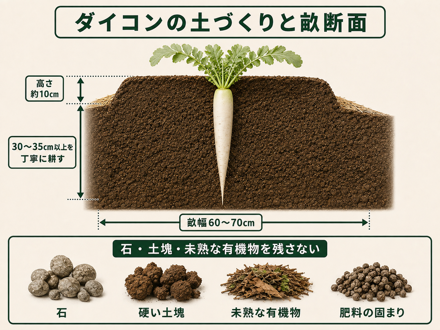 ダイコンのために30〜35cm以上耕し、石や土塊を除く畝の断面