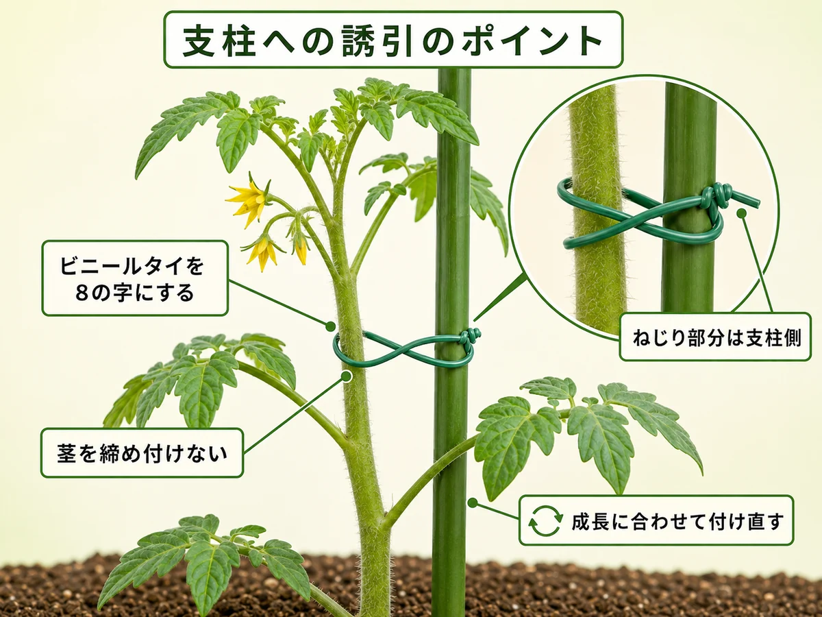 園芸用ビニールタイでトマトの主茎を支柱へ8の字に誘引する方法