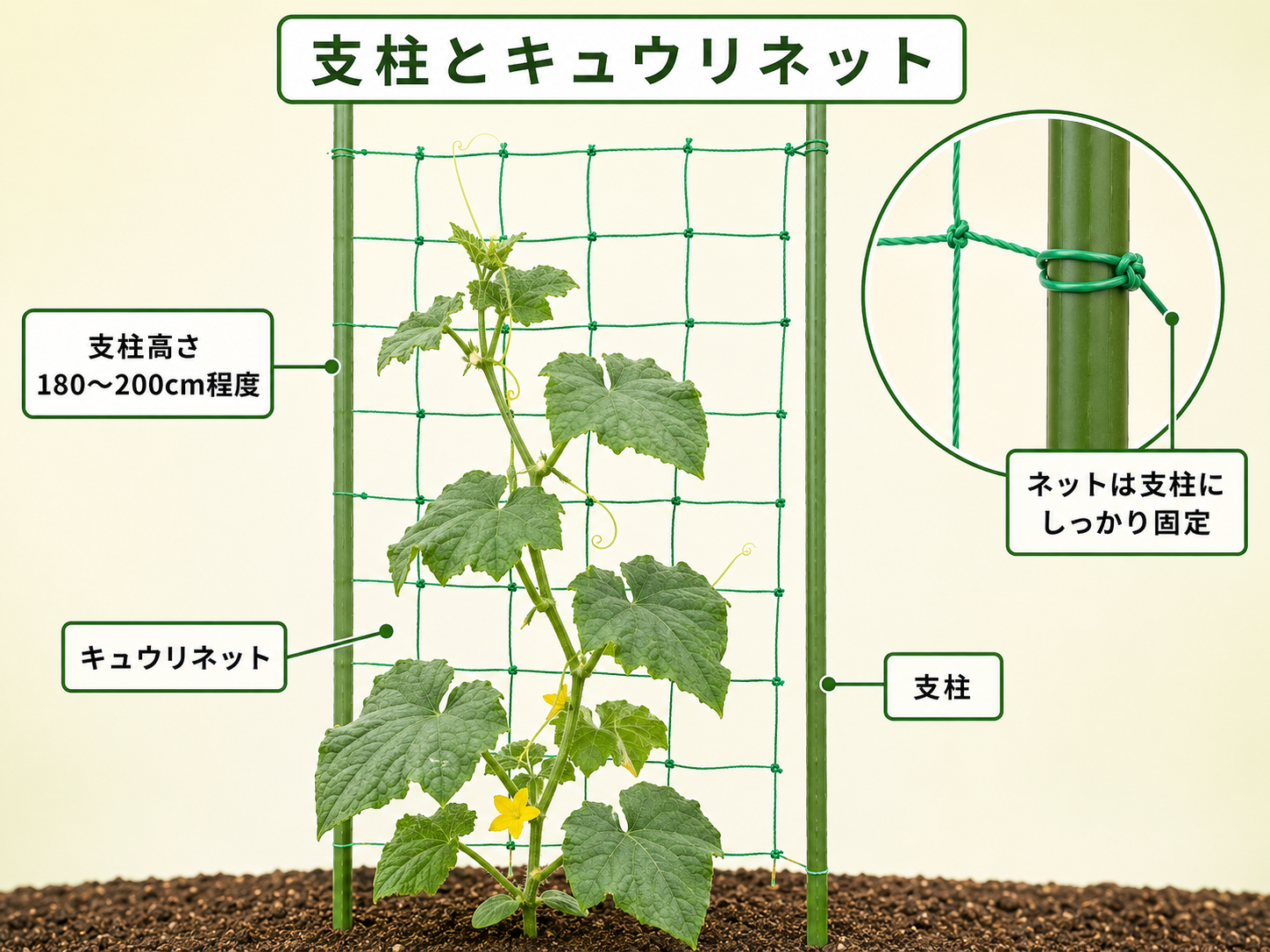 支柱とキュウリネットに伸びるキュウリのつる