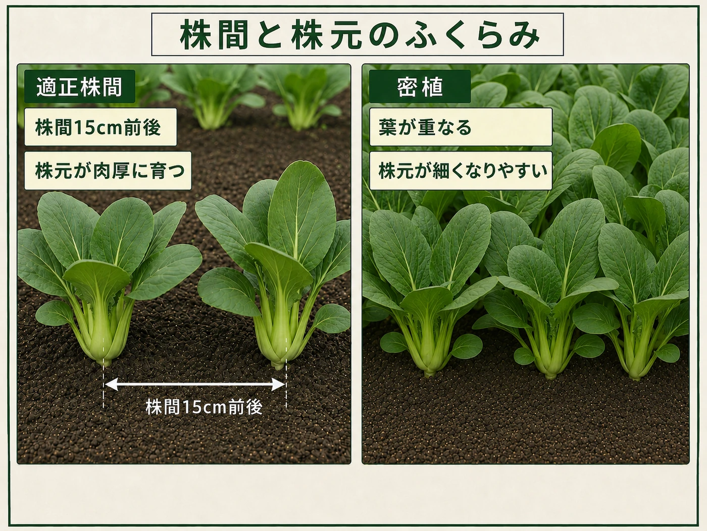 株間15cm前後で株元が肉厚に育つチンゲンサイと密植株の比較