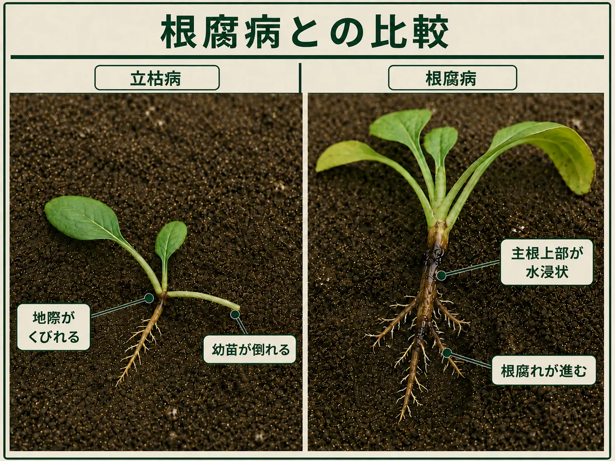 ホウレンソウ立枯病の地際のくびれと根腐病の主根上部の水浸状腐敗を比較した図解