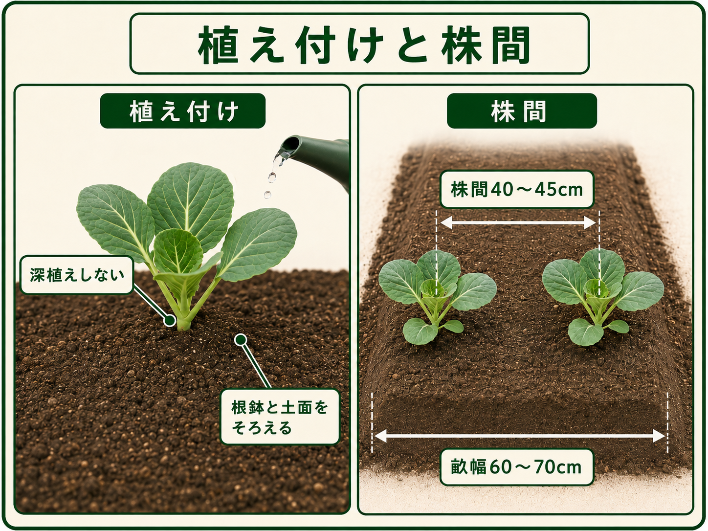 キャベツを深植えせず株間40〜45cmで植え付ける方法
