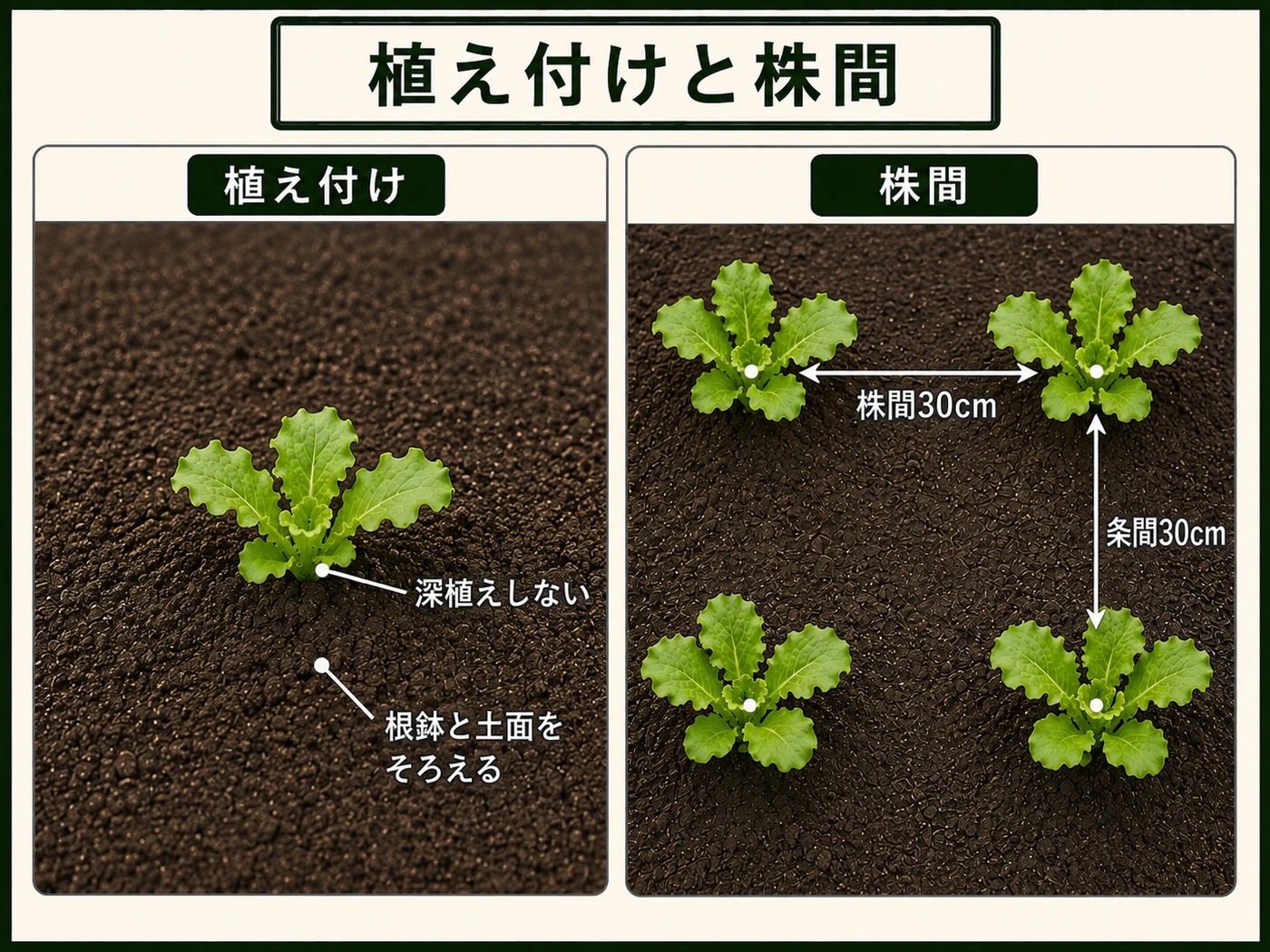 レタスを深植えせず株間30cm、条間30cmで植え付ける方法