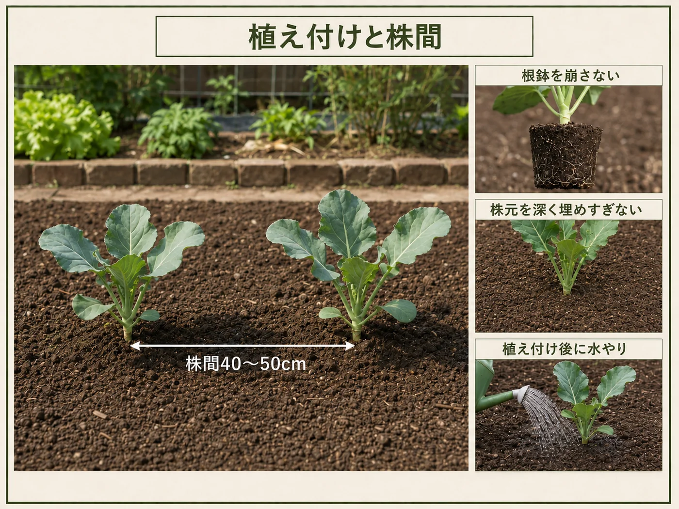 カリフラワー苗を株間40〜50cmで根鉢を崩さず植え付ける方法