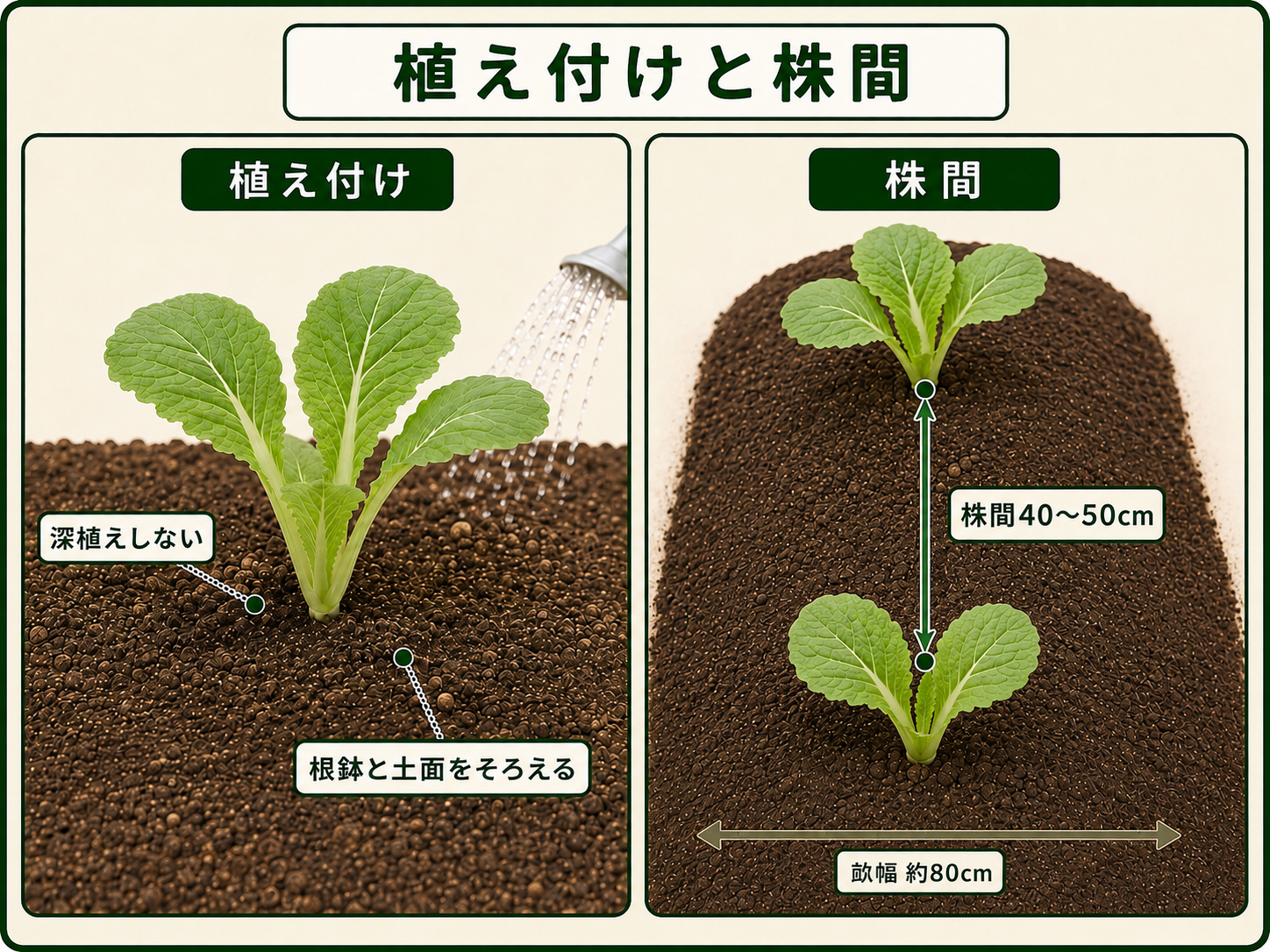 ハクサイを深植えせず株間40〜50cmで定植する方法