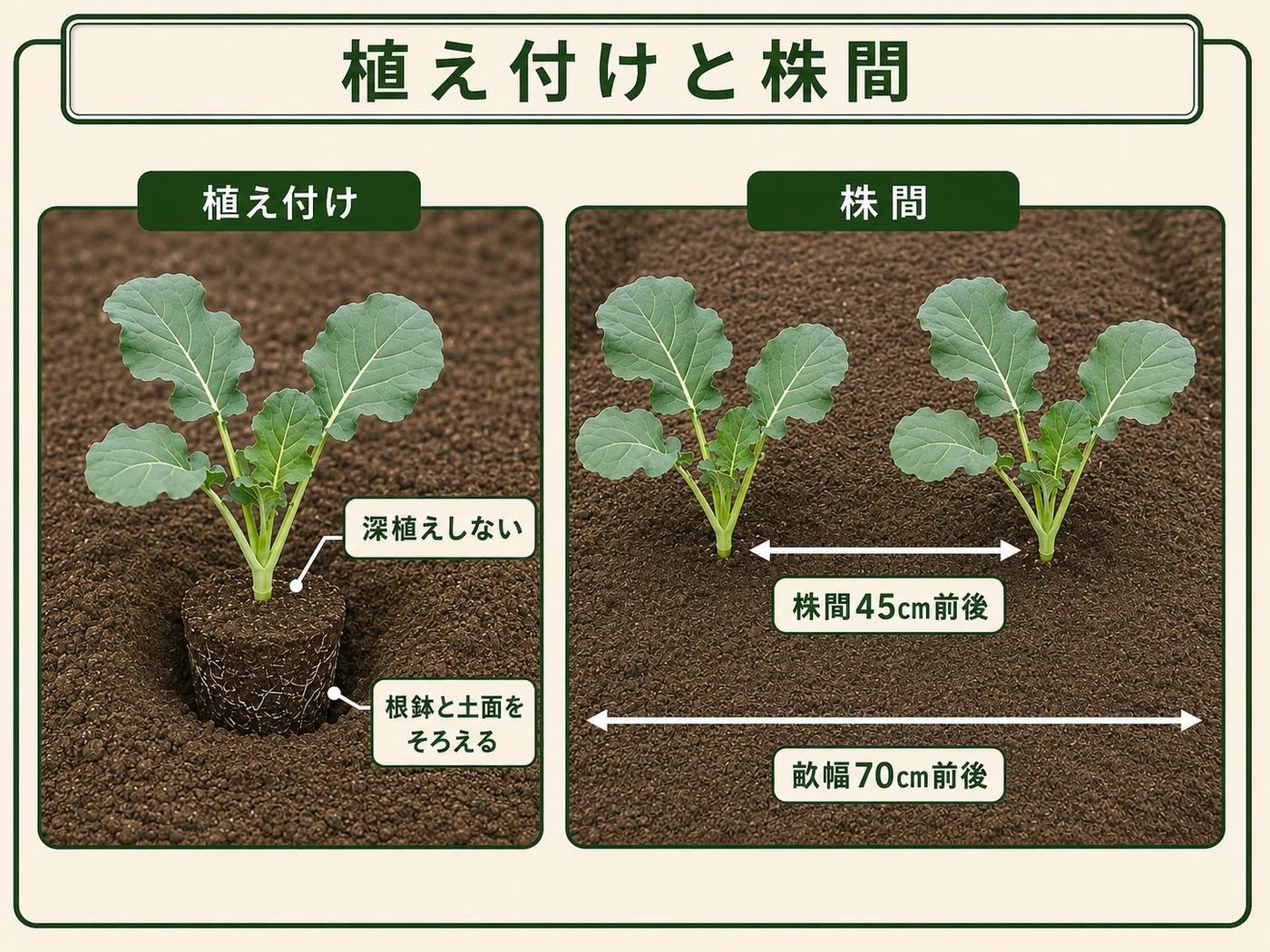 ブロッコリーを深植えせず株間45cm前後で植え付ける方法