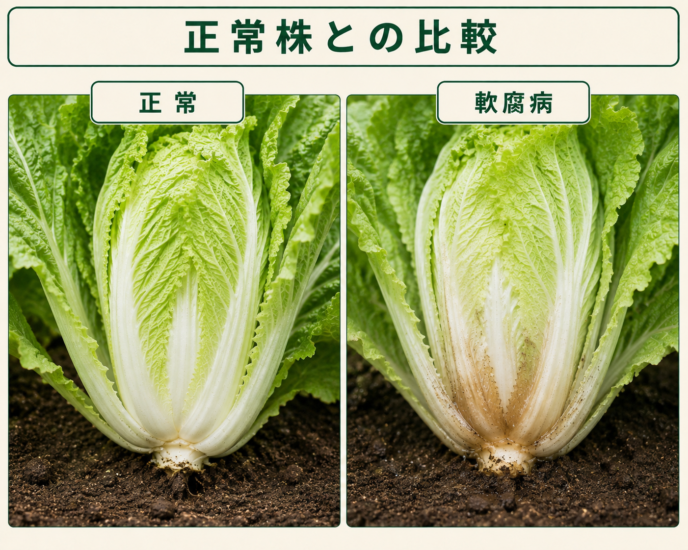 正常なハクサイの株元と軟腐病で水浸状に褐変し軟化した株元の比較