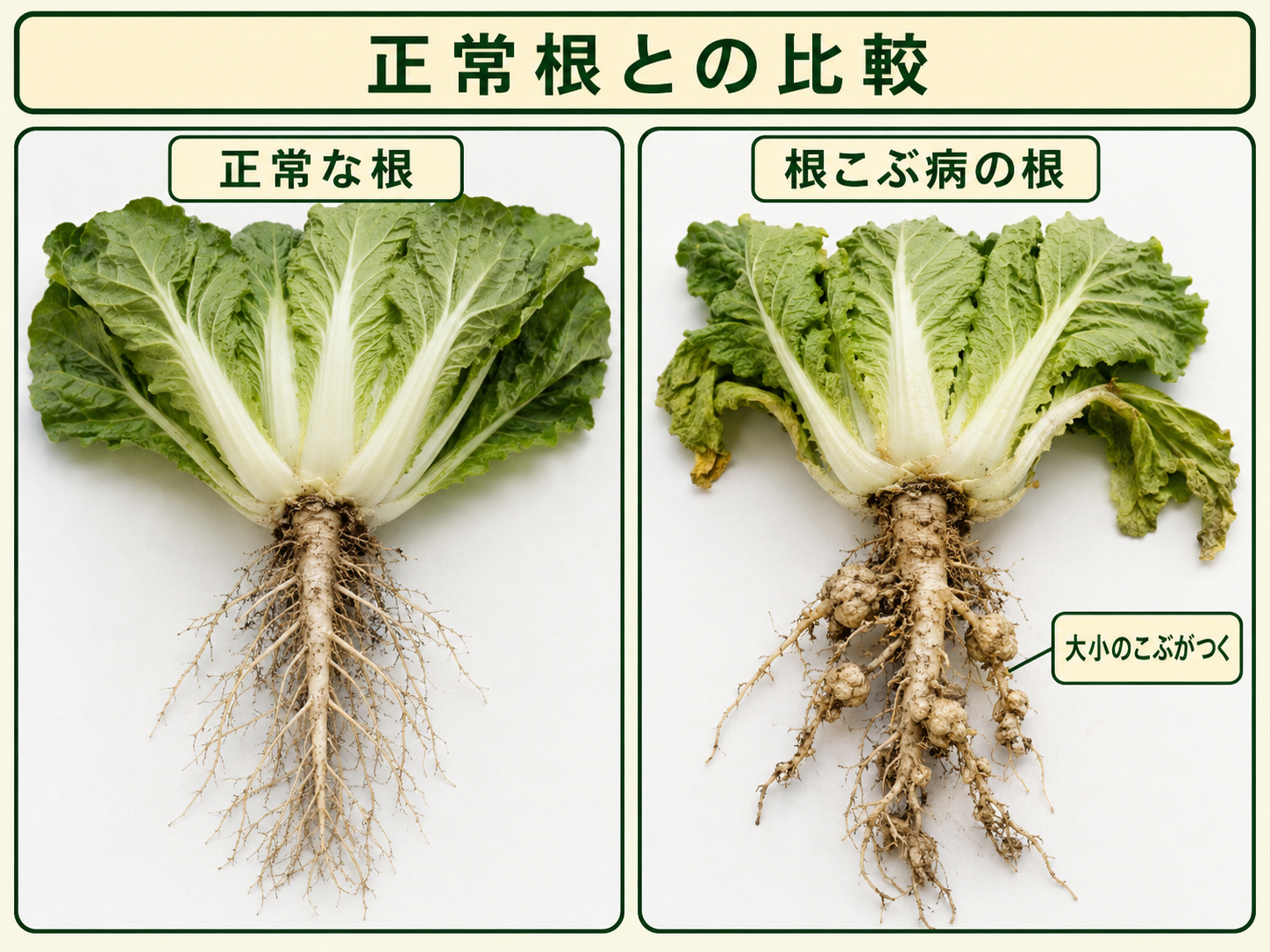 正常なアブラナ科野菜の根と根こぶ病で不規則に肥大した根の比較