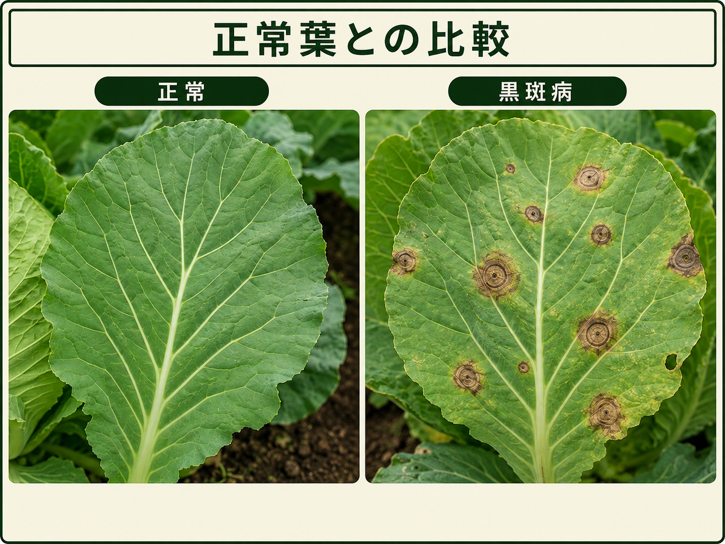 正常なハクサイの葉と黒斑病の輪紋状病斑がある葉の比較