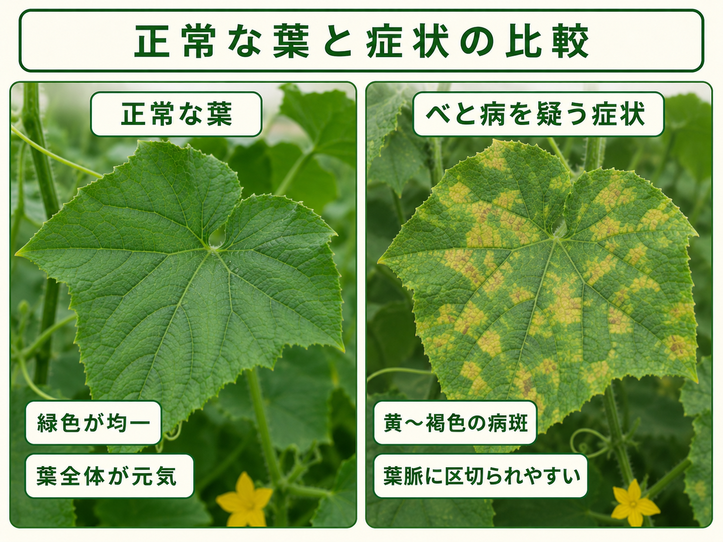 正常なキュウリの葉とべと病の症状が出た葉の比較
