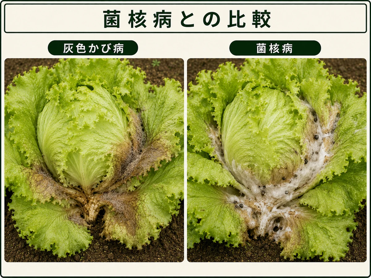 灰色かび病の灰色のかびと菌核病の白い菌糸と黒い菌核を比較したレタス
