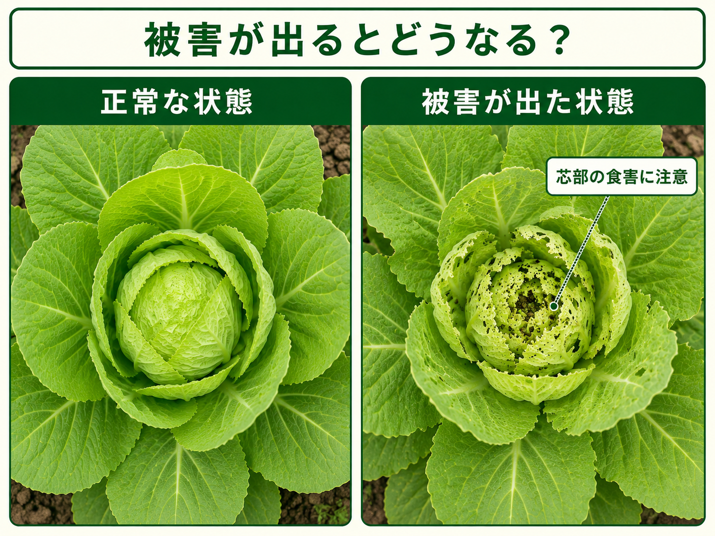 正常な若い株とハイマダラノメイガの被害が出た株の比較