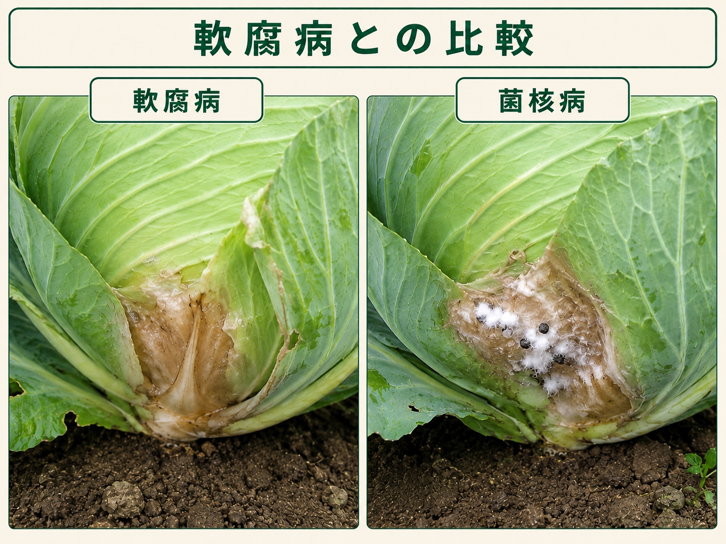 キャベツの軟腐病と菌核病の腐敗部を比較した画像