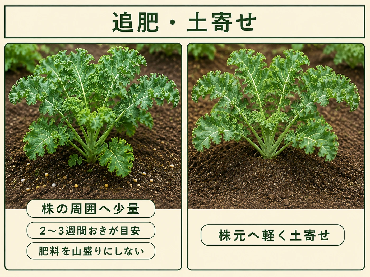 ケールの株周りへ少量追肥し株元へ軽く土寄せする方法