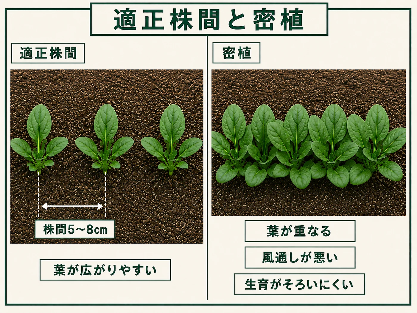 株間5〜8cmの適正なホウレンソウと密植で葉が込み合った株の比較