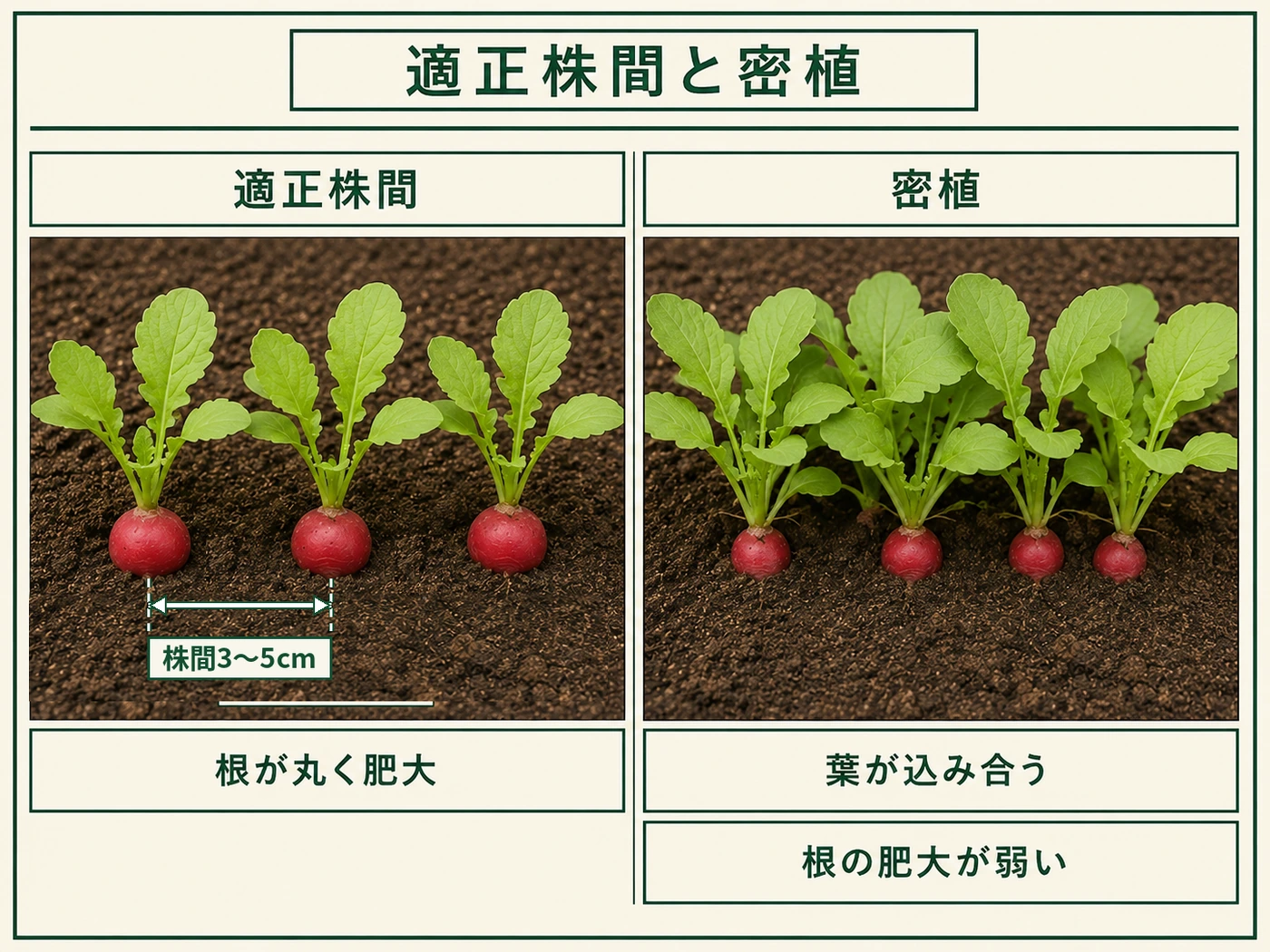 株間3〜5cmで丸く肥大したラディッシュと密植で根の肥大が弱い株の比較
