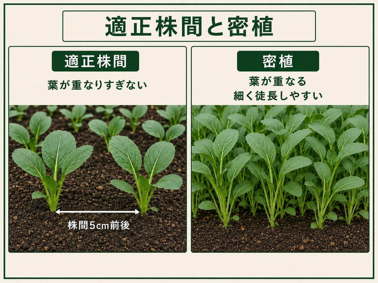 株間5cm前後で育つコマツナと密植で細く徒長した株の比較