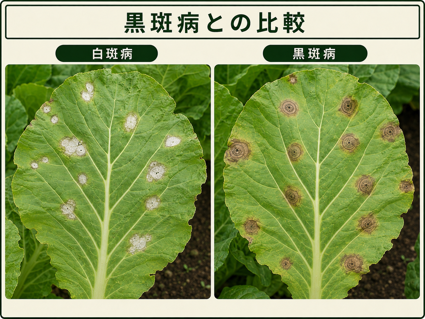 白斑病の白い中心がある病斑と黒斑病の輪紋がある病斑を比べたハクサイの葉
