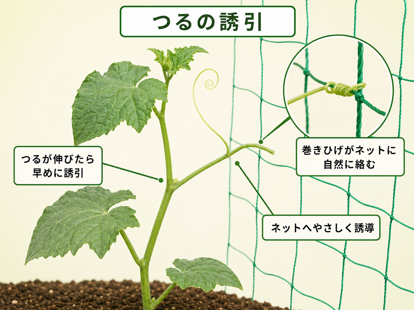 キュウリのつるをネットへ誘引している様子