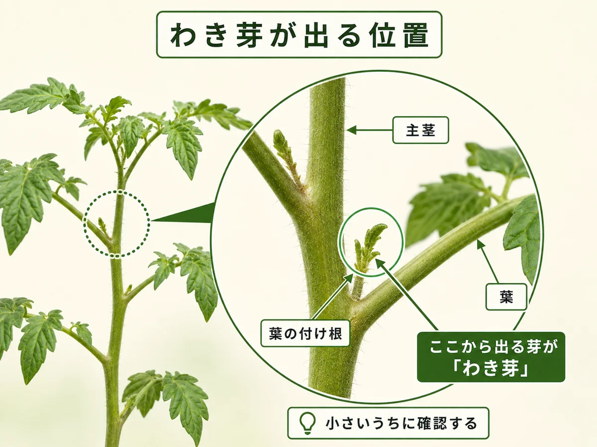 トマトの主茎と葉の付け根から出るわき芽の位置を示した説明図