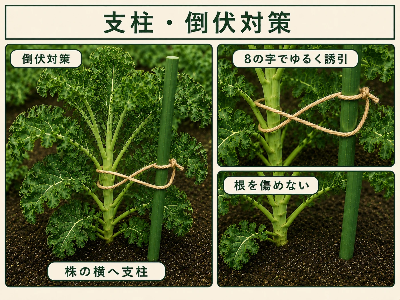 ケールの株の横へ支柱を立てて8の字でゆるく誘引する倒伏対策