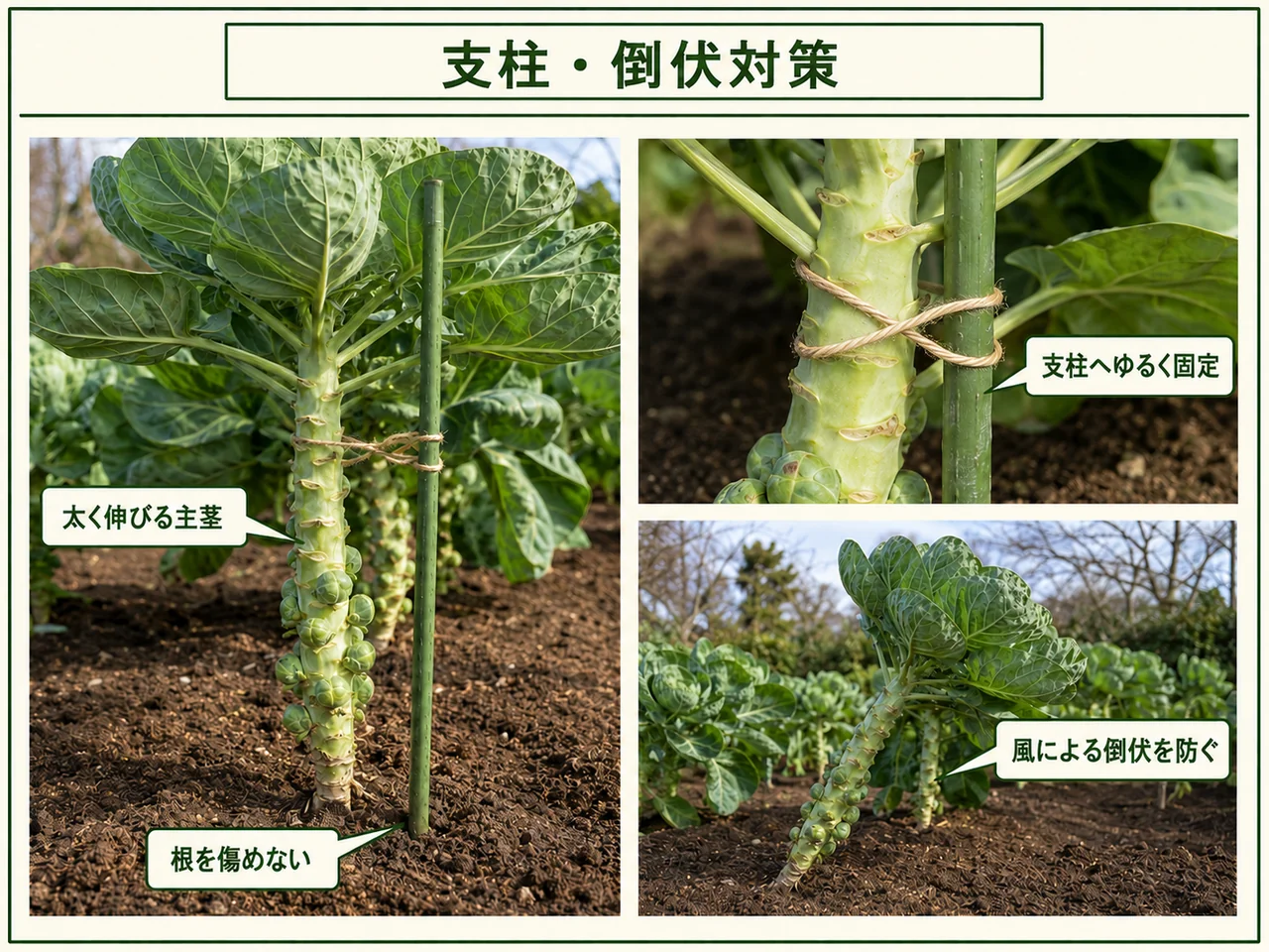 太く伸びる芽キャベツの主茎を支柱へゆるく固定して倒伏を防ぐ方法