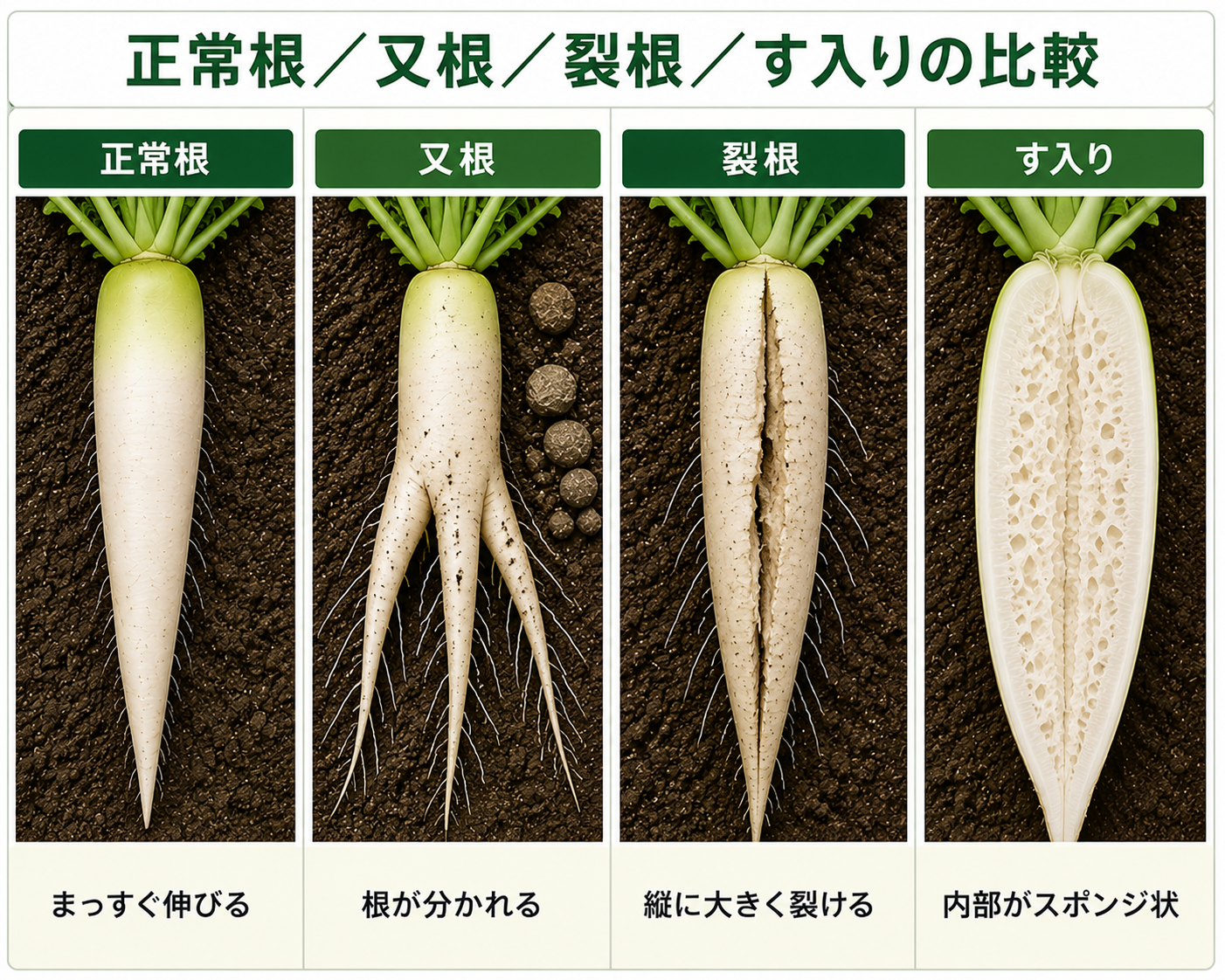 正常なダイコンと又根、裂根、す入りの違い