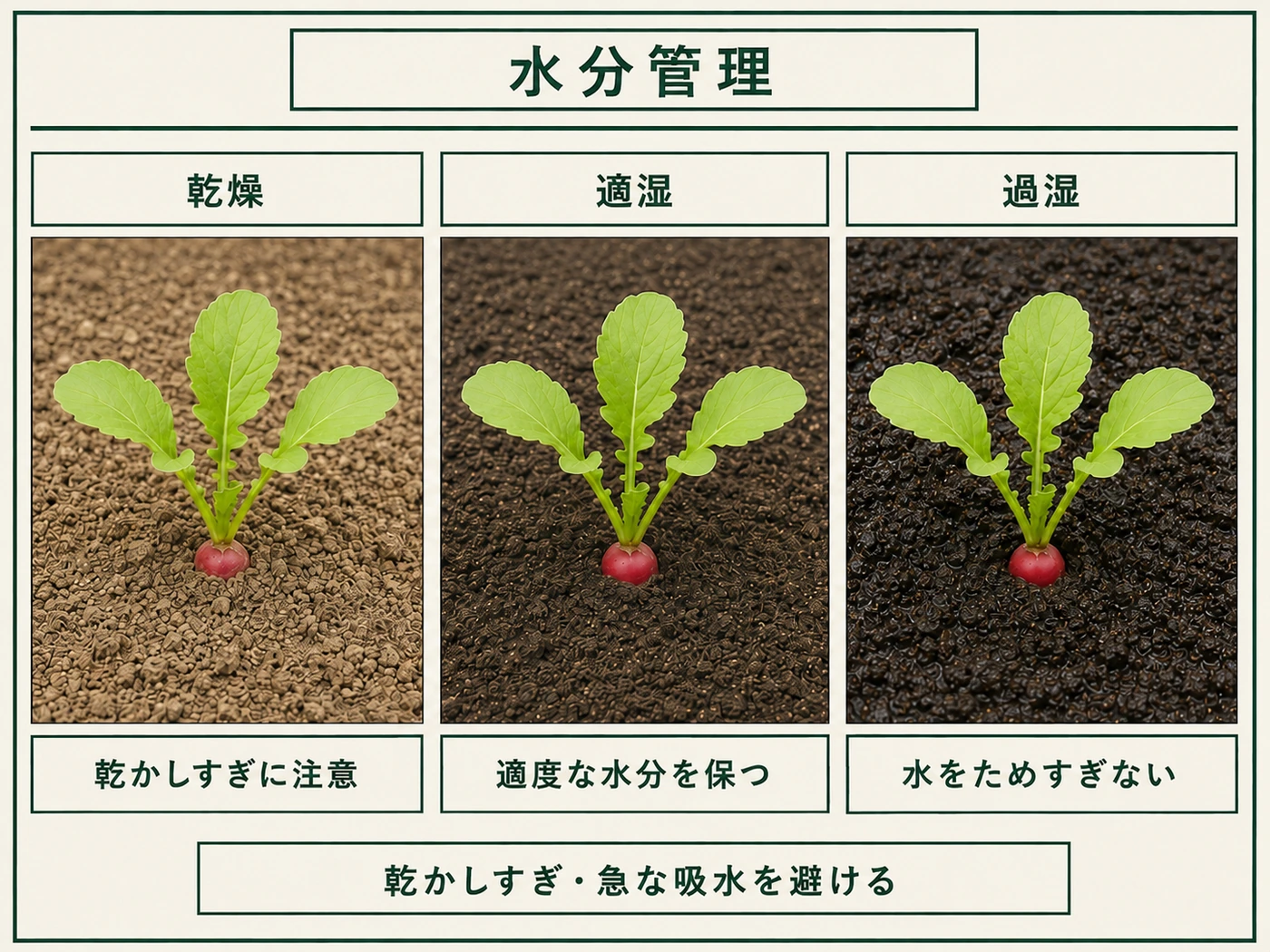 ラディッシュの乾燥・適湿・過湿を比較した水分管理のポイント