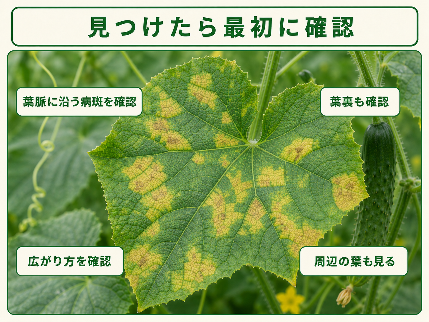 べと病を疑う病斑を見つけたときに確認するキュウリの葉と葉裏
