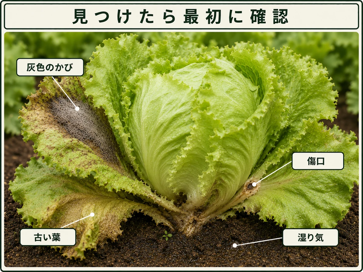 灰色かび病を見つけたときに確認する灰色のかび、古い葉、傷口、湿り気を示したレタス
