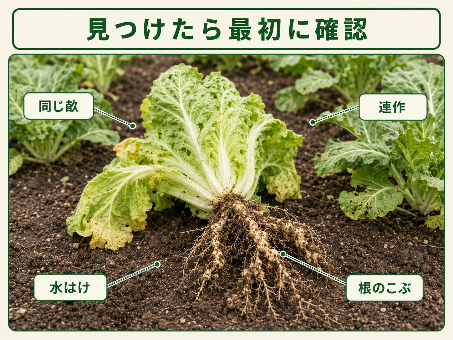 根こぶ病を見つけたときに確認する根のこぶ、同じ畝、水はけ、連作