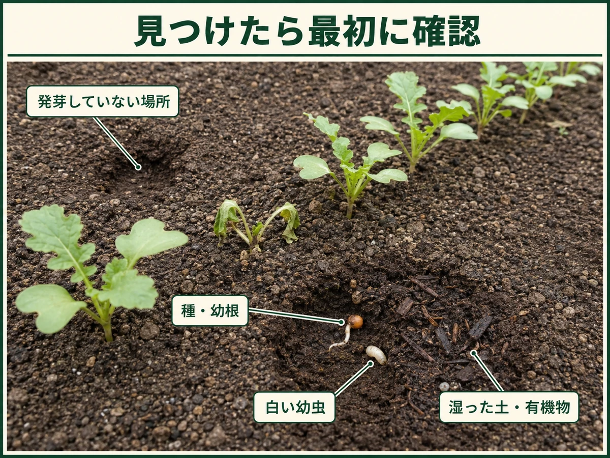 タネバエを見つけたときに確認する発芽していない場所、種・幼根、白い幼虫、湿った土と有機物