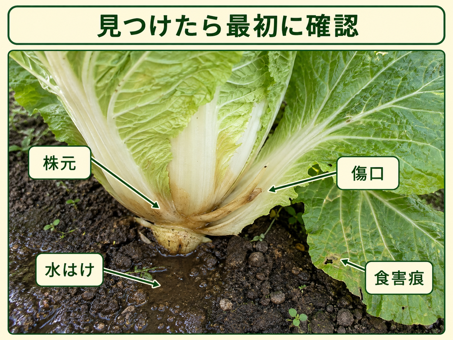 軟腐病を見つけたときに確認する株元、傷口、水はけ、食害痕