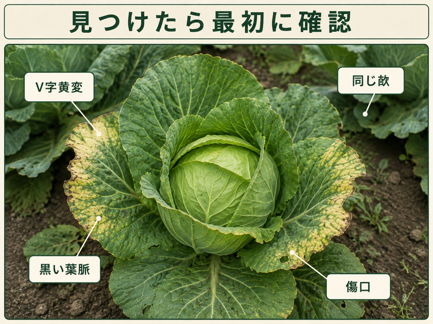 黒腐病を見つけたときに確認するV字黄変、黒い葉脈、傷口、同じ畝