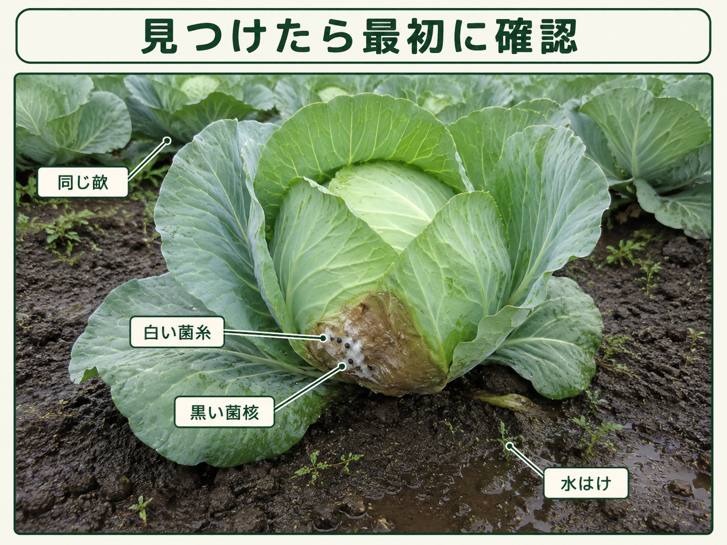 菌核病を見つけたときに確認する白い菌糸、黒い菌核、同じ畝、水はけ