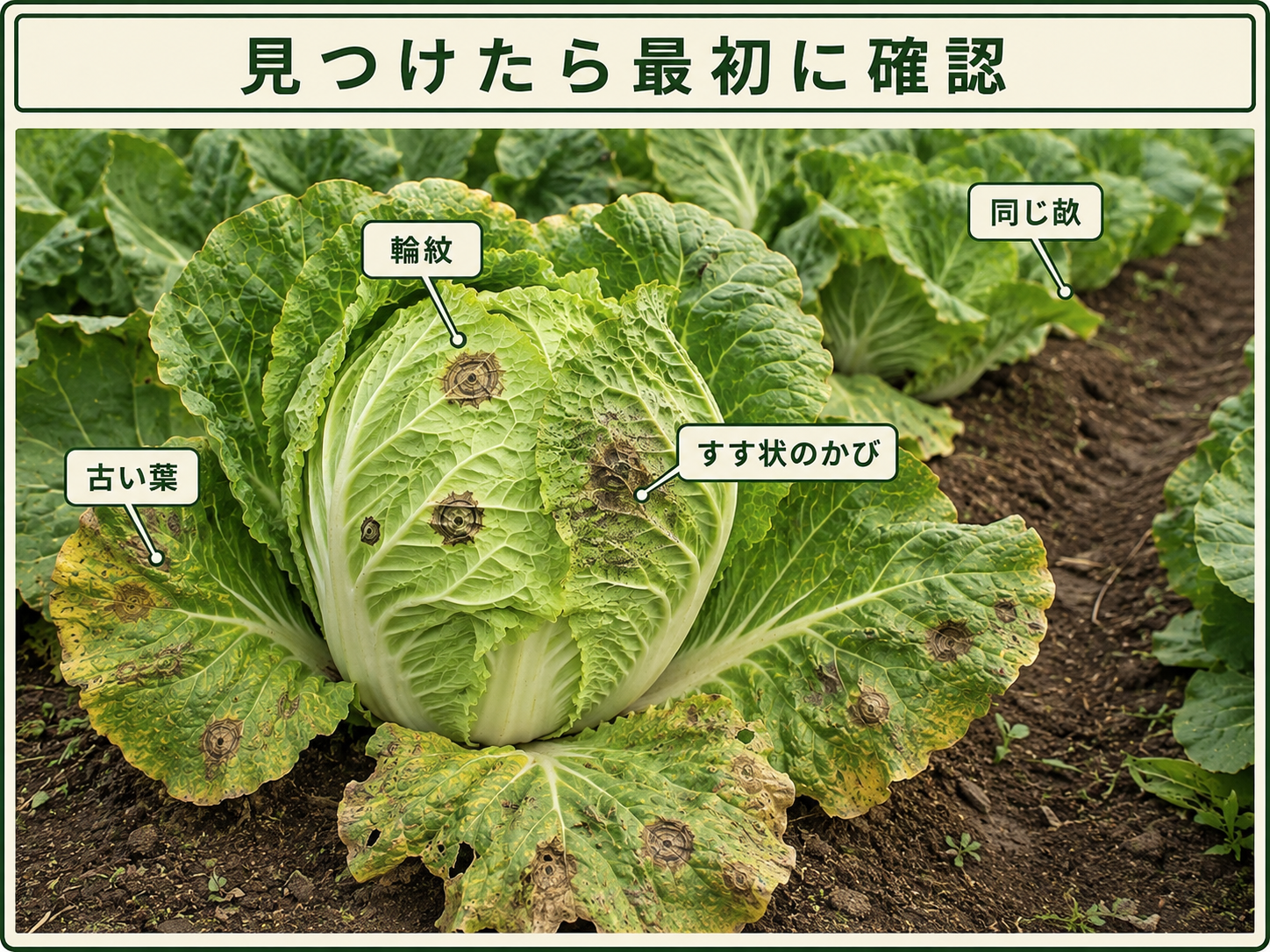 黒斑病を見つけたときに確認する輪紋、すす状のかび、古い葉、同じ畝