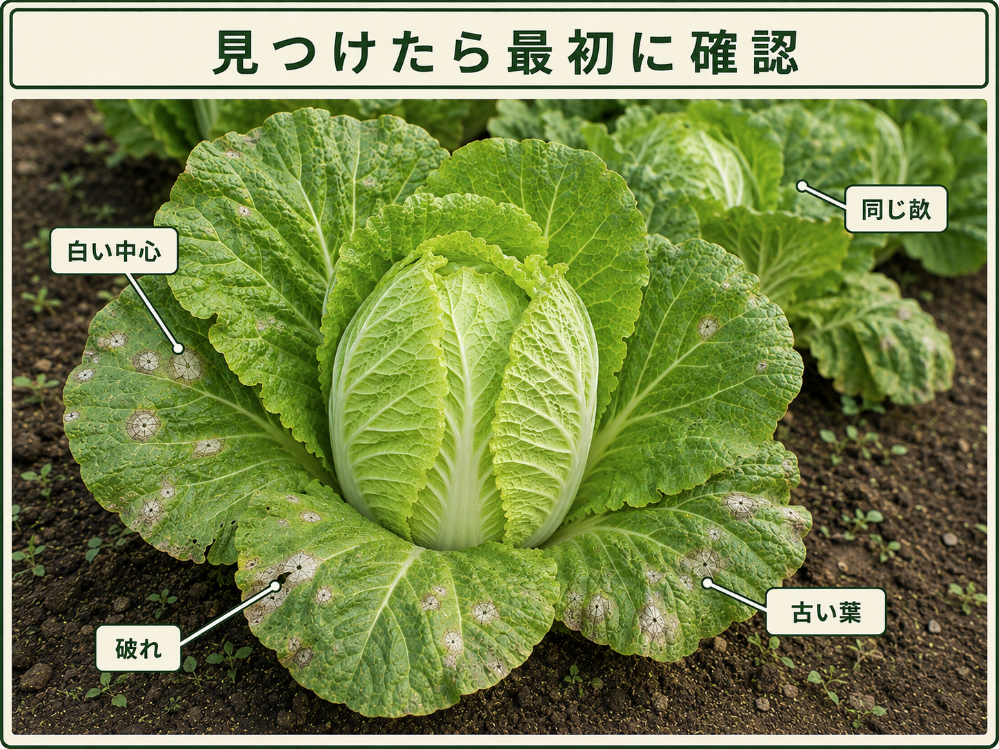 白斑病を見つけたときに確認する白い中心、破れ、古い葉、同じ畝を示したハクサイの葉