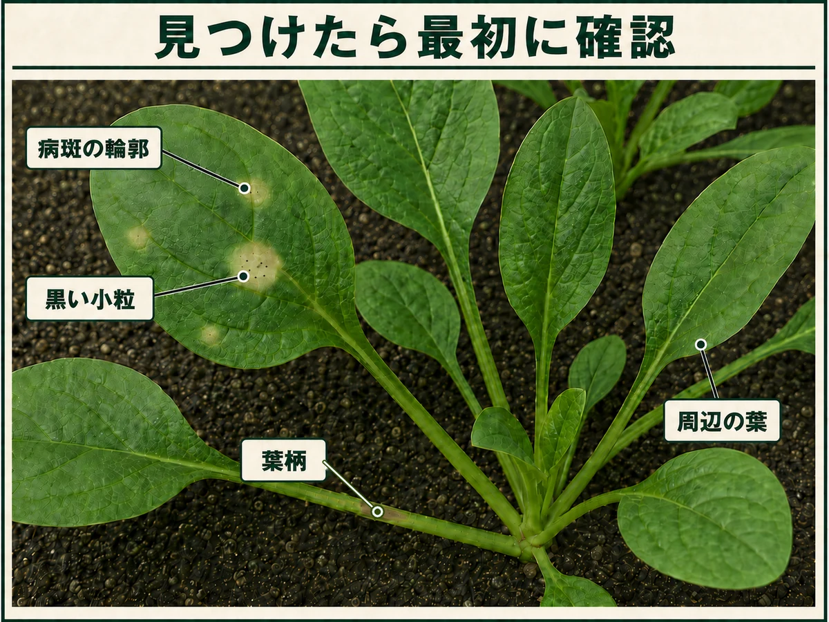 ホウレンソウ炭疽病を見つけたときに確認する病斑の輪郭、黒い小粒、葉柄、周辺の葉を示した図解